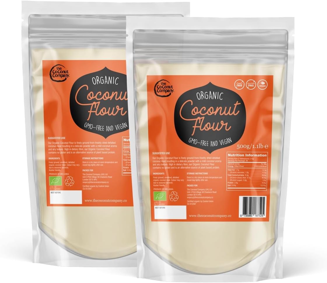 Organic Coconut Flour 500g - 2 PACK, Vegan, Raw, Naturally Gluten-free, High in Fibre, Finely Ground from Coconut Meat, High in Protein, Powder, Defatted Coconut Meat Pack of 2