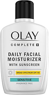 Olay Complete+ Face Moisturizer with Sunscreen SPF 40, For Sensitive Skin, Broad Spectrum Sun Protection, Fragrence-Free - No White Cast on All Tones, Nourishes Moisture Barrier - Ceramides, 6 Oz