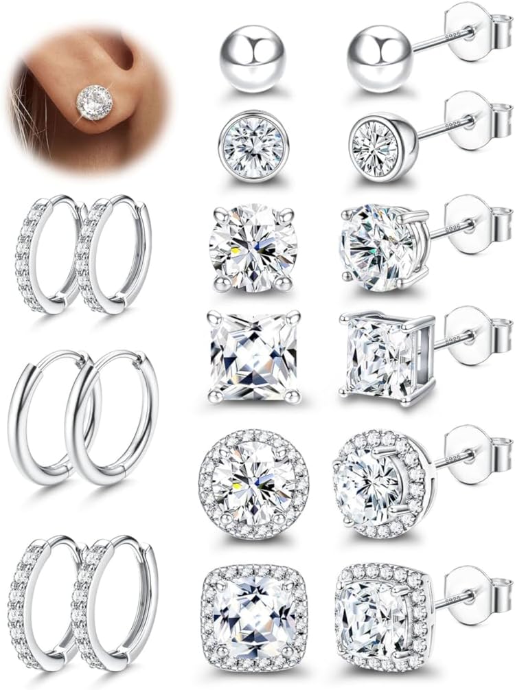 BESTEEL S925 Sterling Silver Stud Earrings for Women Men - Hypoallergenic 18K Gold Plated Hoop Earring Big Round Square Simulated Diamond Halo Studs Earrings for Sensitive Ears