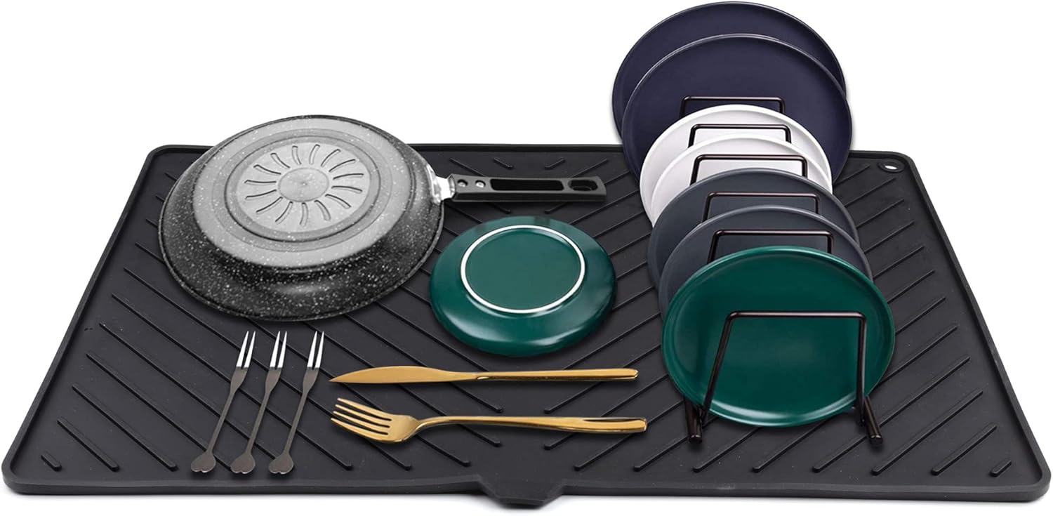 IYYI Silicone Dish Drying Mat XL(24" x 15") Dish Draining Mat for Kitchen Counter, Easy Clean, Heat Resistant, Large Drainer Mat (Black)