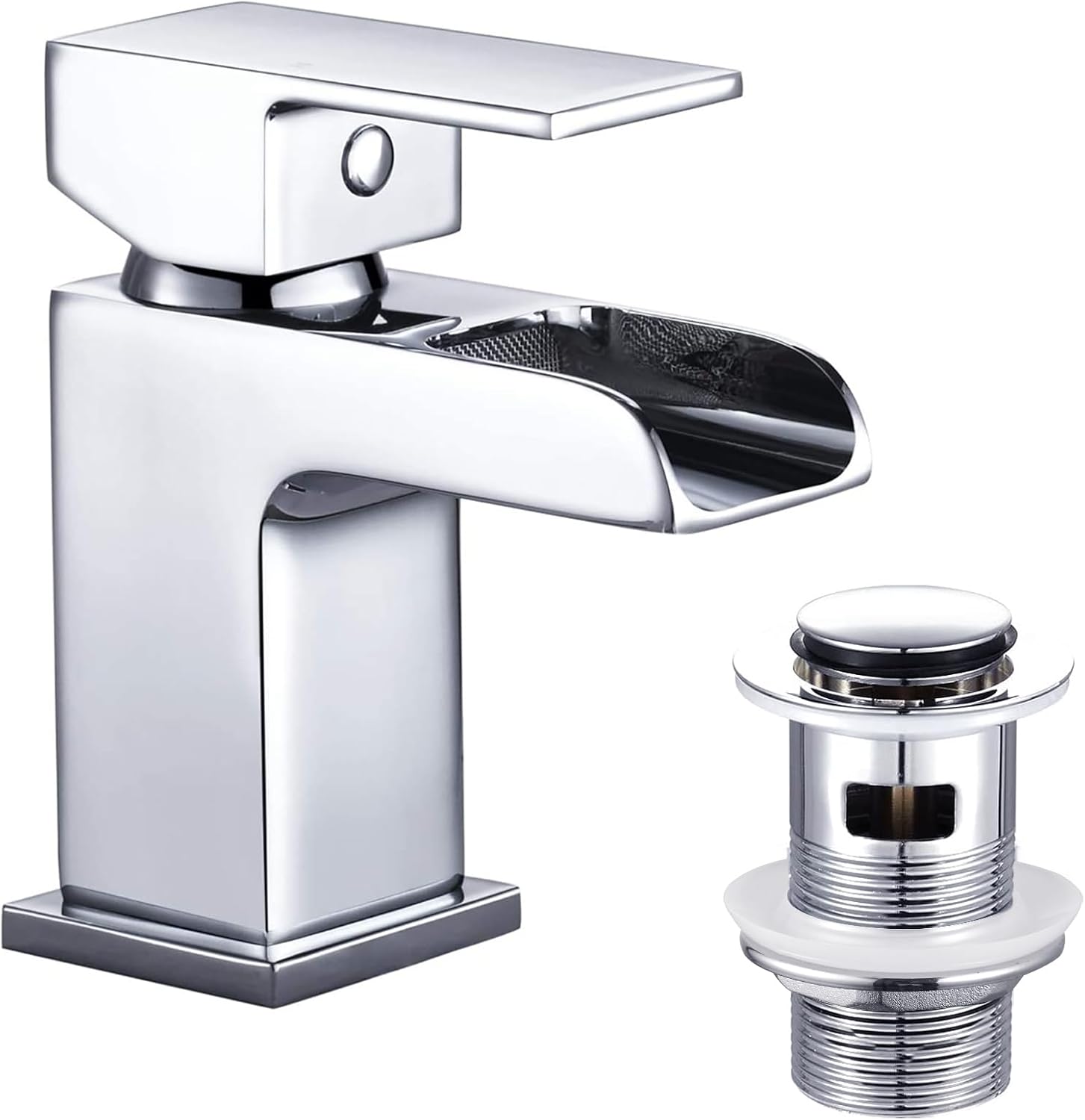Funime Basin Taps Mixers with Pop-up Waste Slotted Waterfall Bathroom Sink Mixer Tap Square Modern Cloakroom Faucet Monobloc G1/2 Hoses Single Hole