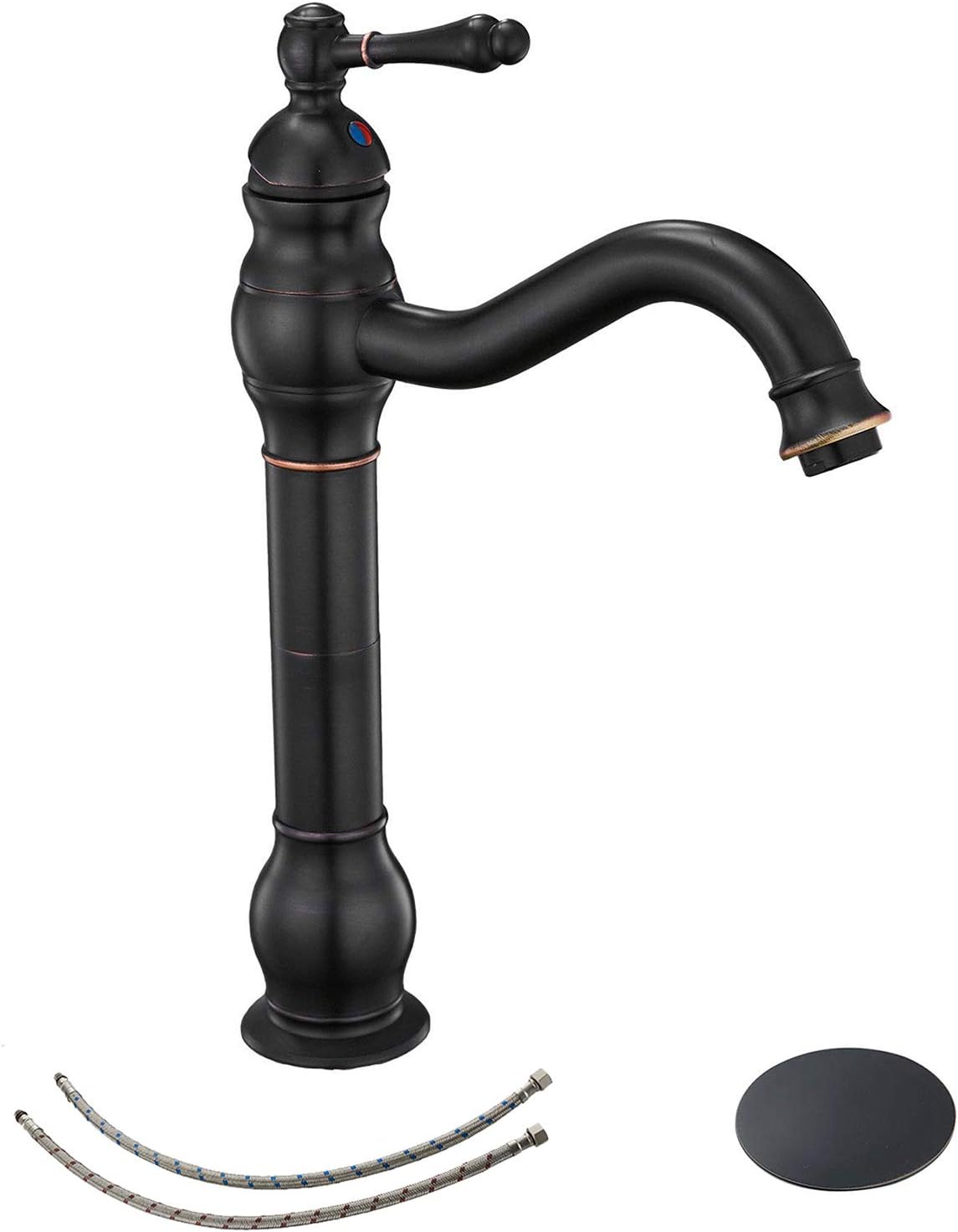 Long Spout Bathroom Faucet 360° Swivel Oil Rubbed Bronze Vessel Sink Faucet Commercial Single-Handle Single Hole Matching Pop Up Drain Stopper with Supply Lines Mixer Tap Deck Mount