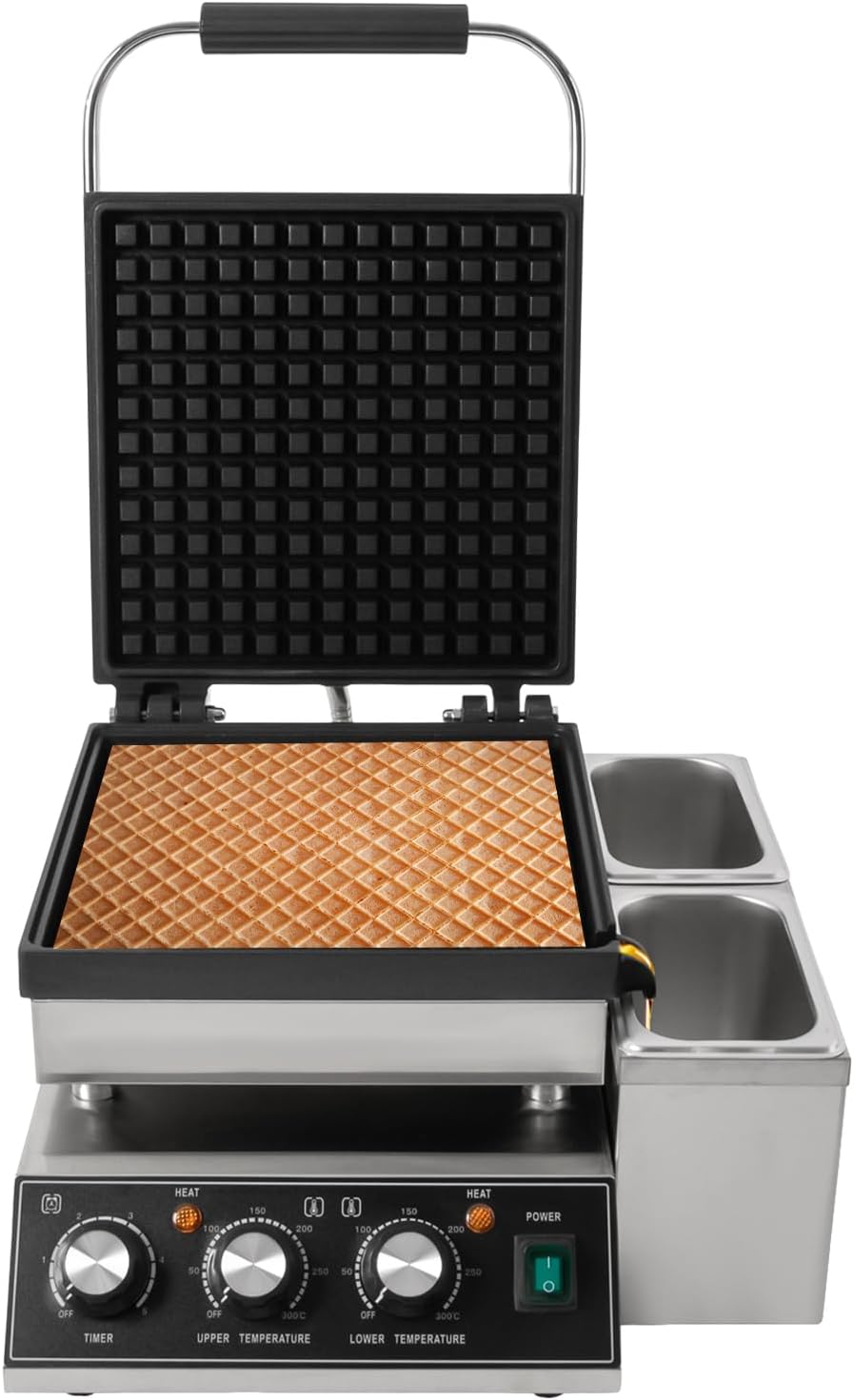 2200W Square Commercial Waffle Maker W/Oil Spill Chute, Non-Stick Stainless Steel Waffle Iron, 110V Electric Waffles Making Machine with Temp and Time Control, DIY Cooking Maker