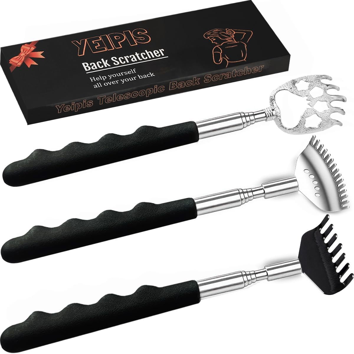 3 Pack Different Back Scratcher Metal Portable Telescoping with Rubber Handles, Extendable Back Massager Tool with Beautiful Box, Stocking Stuffers for Men Women Kids Adults (Black)