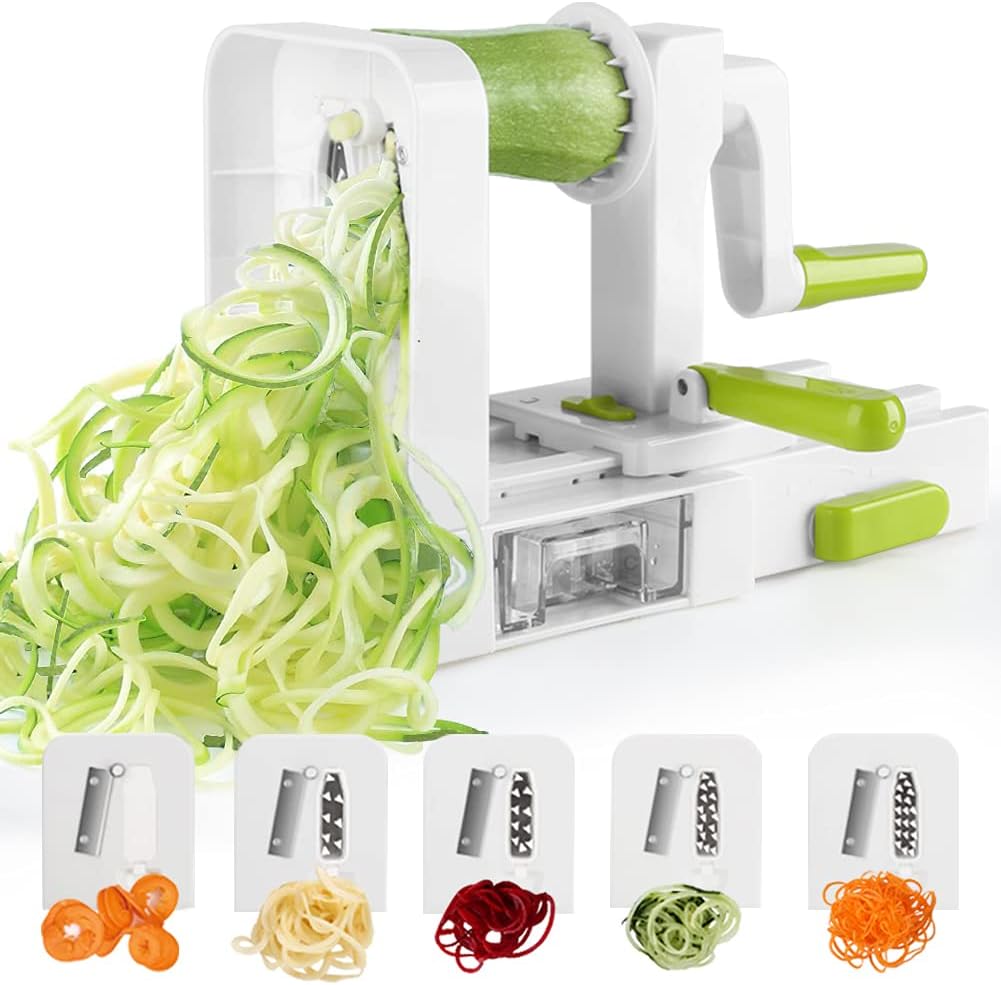 Spiralizer 5-Blade Vegetable Spiralizer Foldable Spiral Slicer Zucchini Noodle & Veggie Pasta & Spaghetti Maker for Low Carb/Paleo/Gluten-Free Meals,White