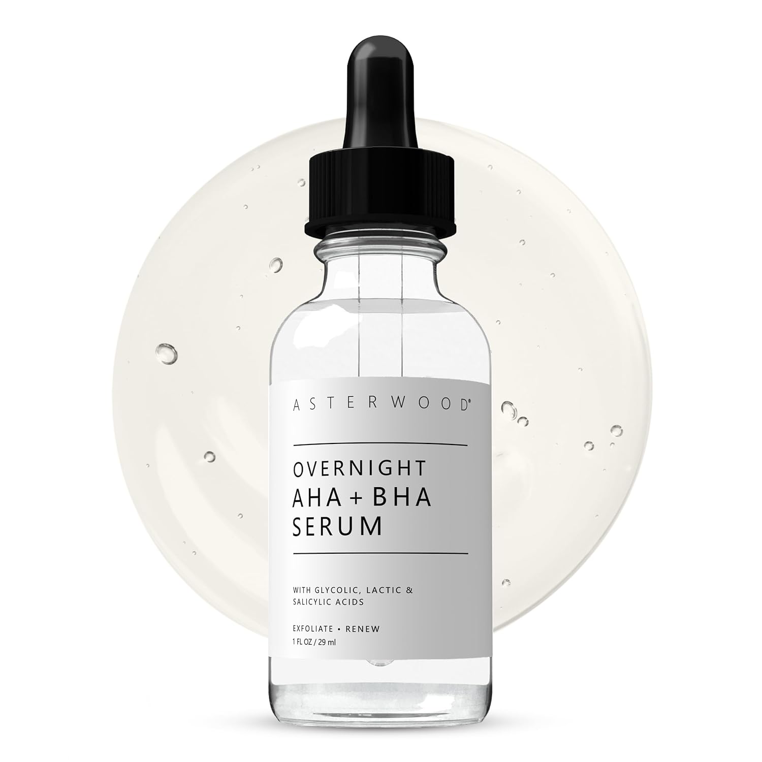Asterwood AHA + BHA Serum - AHA (Lactic Acid & Glycolic Acid) - BHA (Salicylic Acid) - Supports Improvement of Hyperpigmentation, Dark Spots - Overnight Exfoliating Treatment - 1 Fl Oz