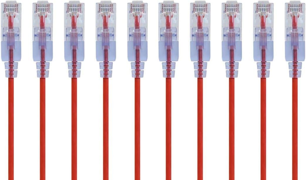 Monoprice SlimRun Cat6A Ethernet Patch Cable - Network Internet Cord - RJ45, Stranded, UTP, Pure Bare Copper Wire, 30AWG, 2 Feet, Red, 10-Pack