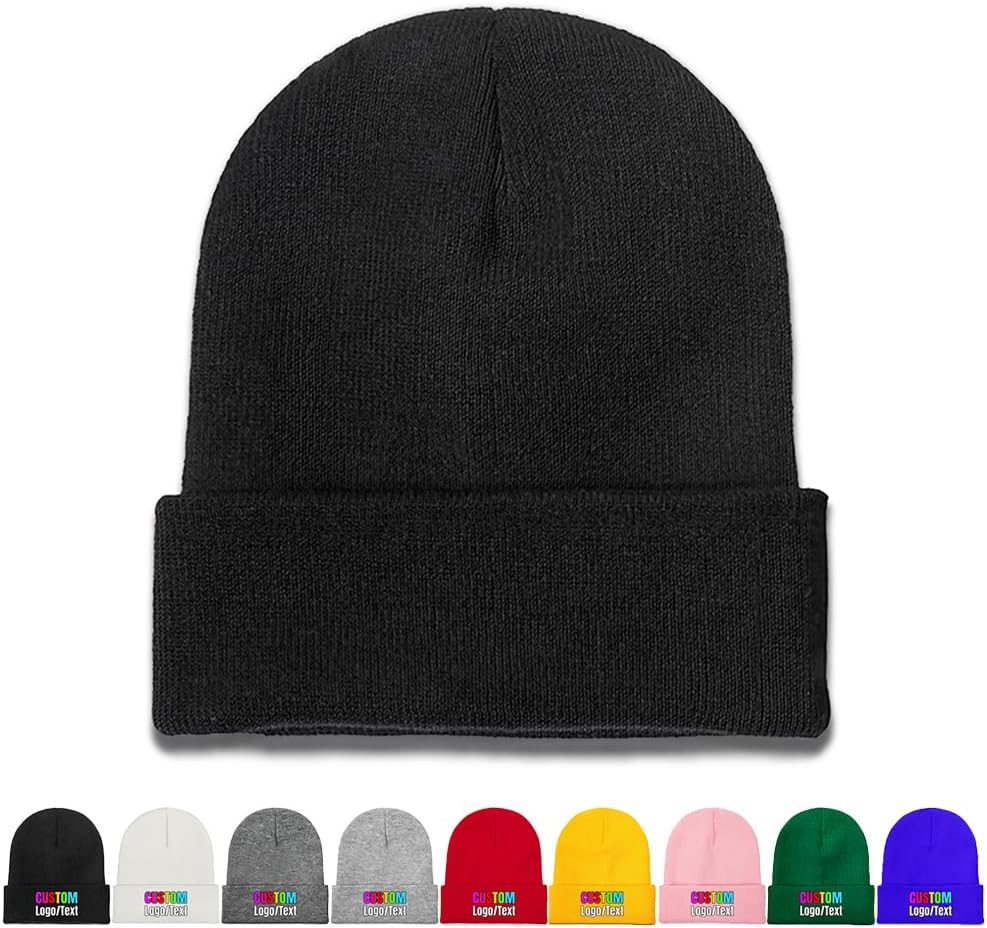 Custom Beanie Hats, Personalized Beanies Knit Cuffed Cap with Text Logo Name, Warm Gifts for Men Women