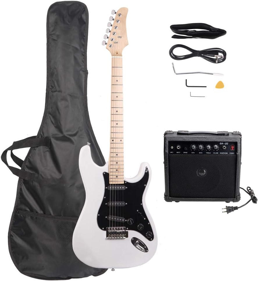Trayoz Full-Size Electric Guitar Kit with 20Watt Amp, SSS Pickups Beginner Electric Guitars Kit W/All Accessories Strap, Gig Bag & Cable (White)