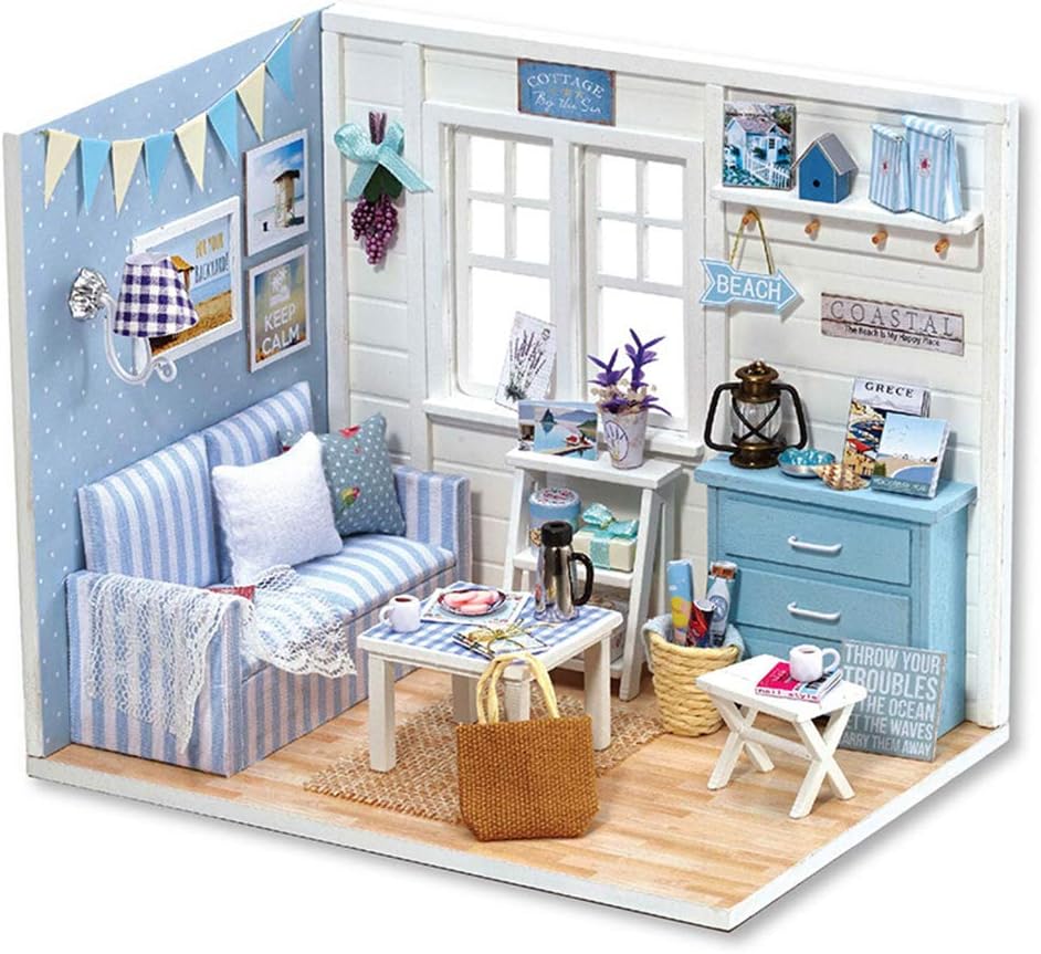 TuKIIE DIY Miniature Dollhouse Kit with Furniture, 1:24 Scale Creative Room Mini Wooden Doll House Accessories Plus Dust Proof for Kids Teens Adults(Beach Cottage)