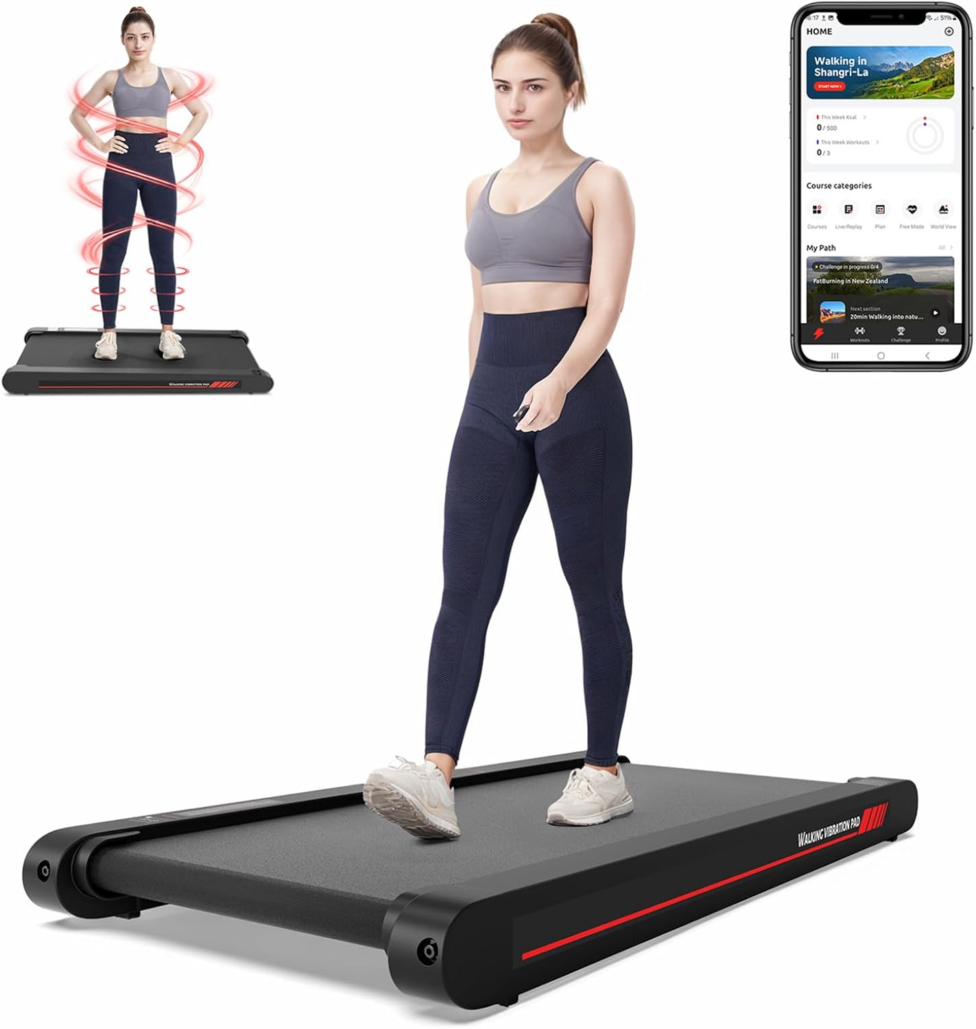 Sperax 4 in 1 Vibration Walking Pad, Portable Under Desk Treadmill, with Vibration Mode & APP Remote, Black RM02 with 5% and 10% Incline