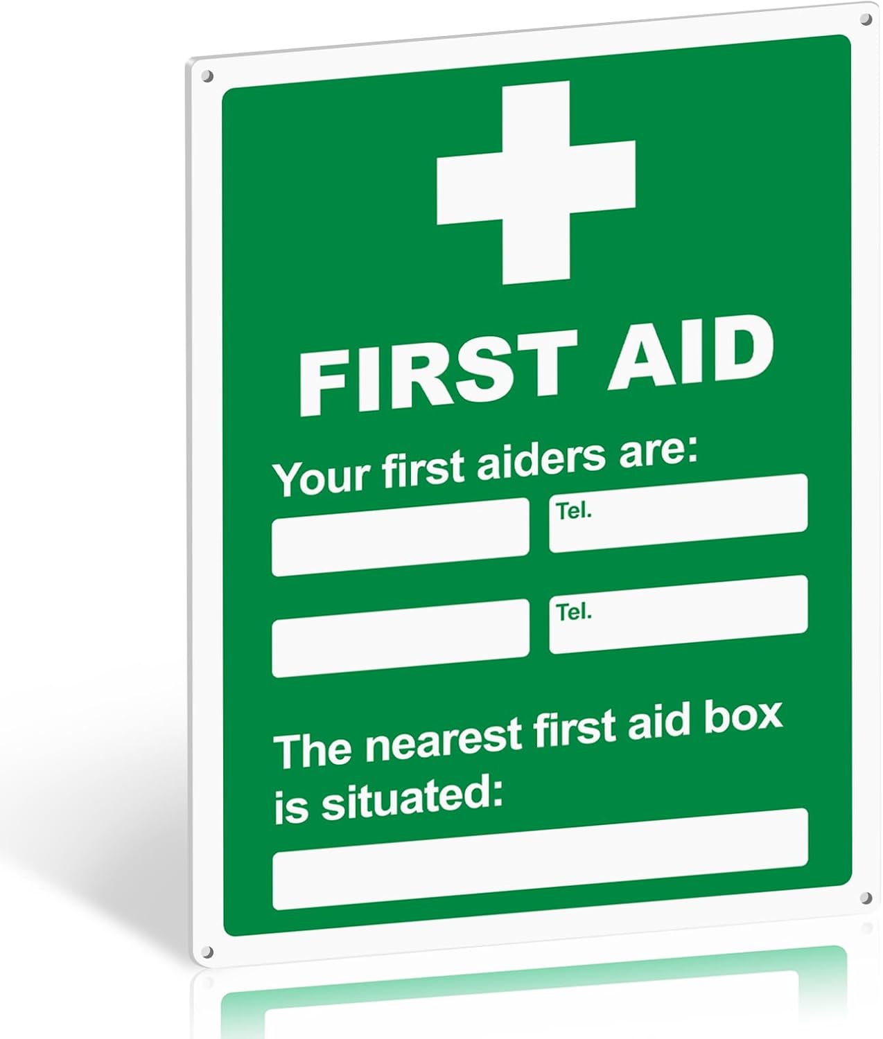 First Aid Sign with Writable Contact and First Aid Box Location – 400mm x 300mm 1mm PVC – Weatherproof Emergency Safety Board with Pre-Drilled Holes and Self-Adhesive Back