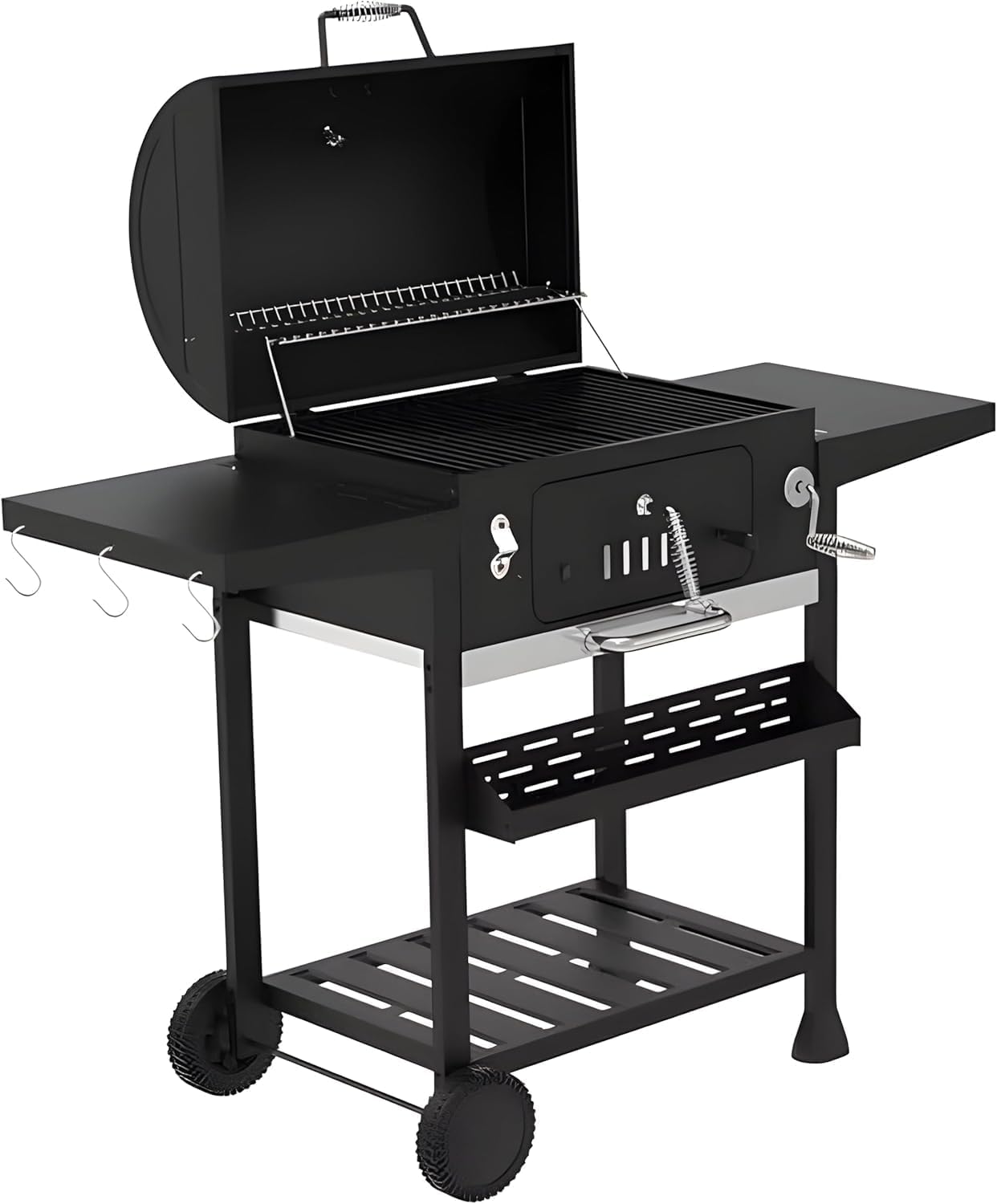 Campfire Outdoor XL Smoker Barbecue Charcoal Portable BBQ Grill, 2 Folding Side Table, Built-in Thermometer, Adjustable Charcoal Pan & Chimney, Wheels, Large Coal BBQ Smoker for Home Garden Cooking