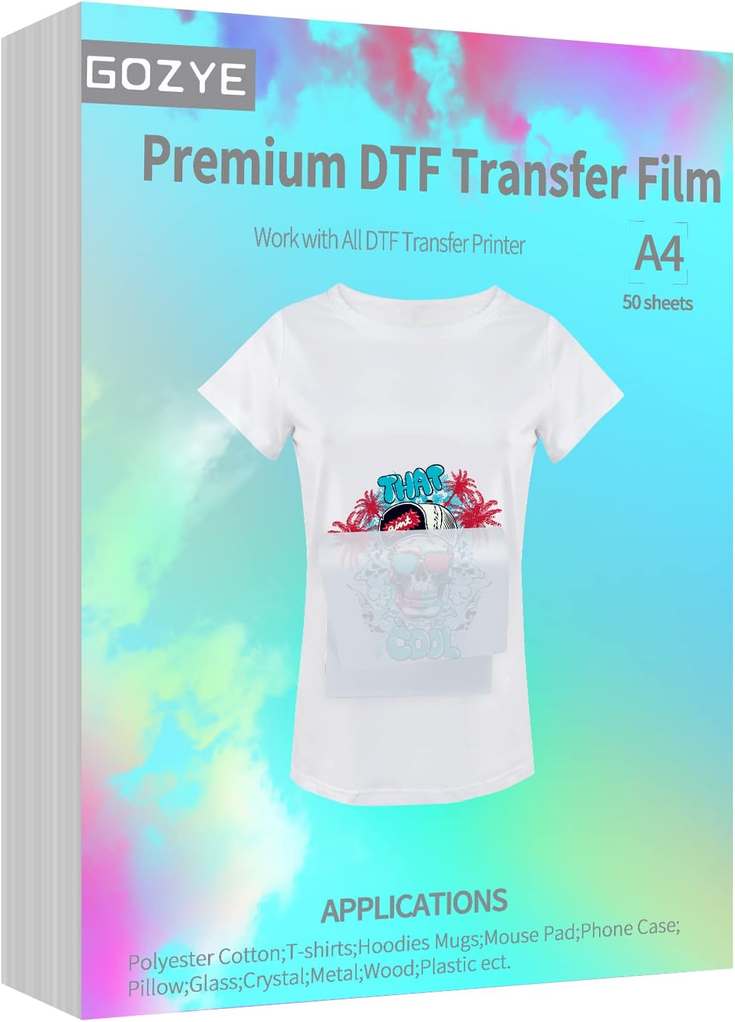 GOZYE Premium DTF Transfer Film - 50 Sheets A4 Matte PET Heat Transfer Paper for Direct-to-Film Printing on T-Shirts Textile- Size: A4 (8.3" x 11.7")