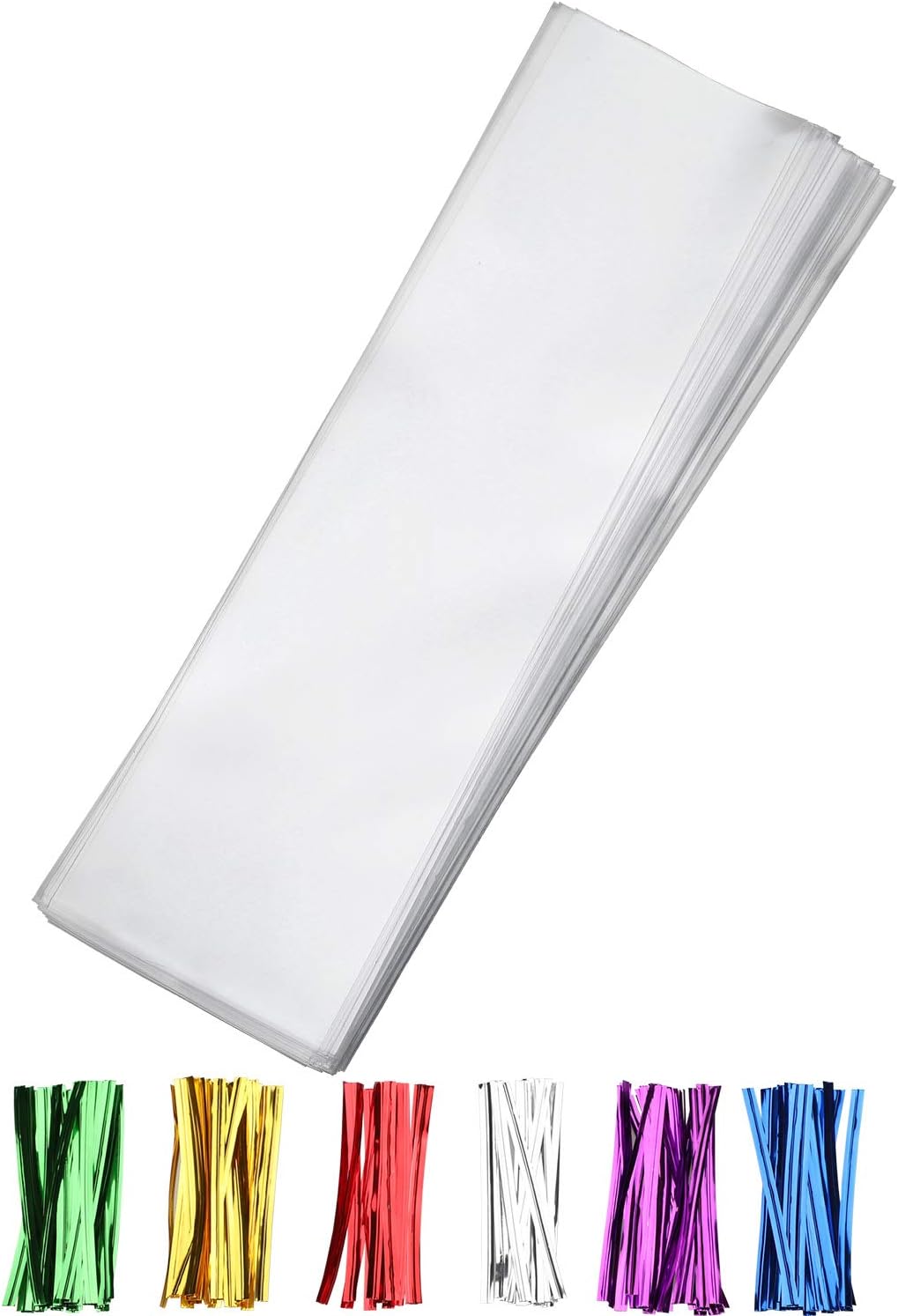 100 pcs Clear 3" x 11" Flat Cello Cellophane Bags Poly Treat Bags 2.8 mils for Gift Wrapping, Bakery, Cookie, Candies, Toast, Dessert, Party Favors Packaging with Color Twist Ties