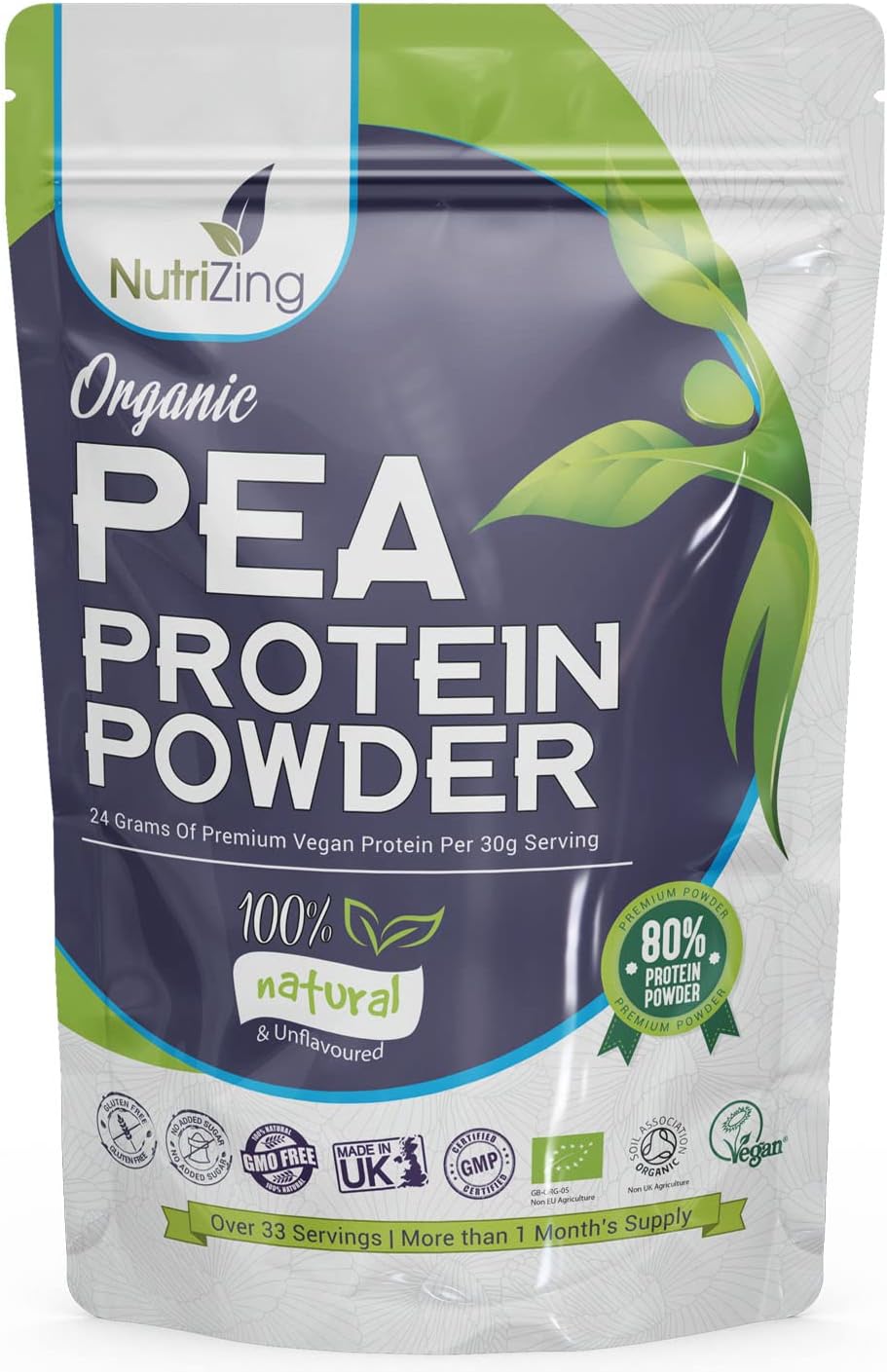 Award Winning Vegan Pea Protein Powder - Organic & Pure - Canadian Peas - No Soy, No Gluten - 1kg Pouch - Keto & Paleo Friendly by NutriZing