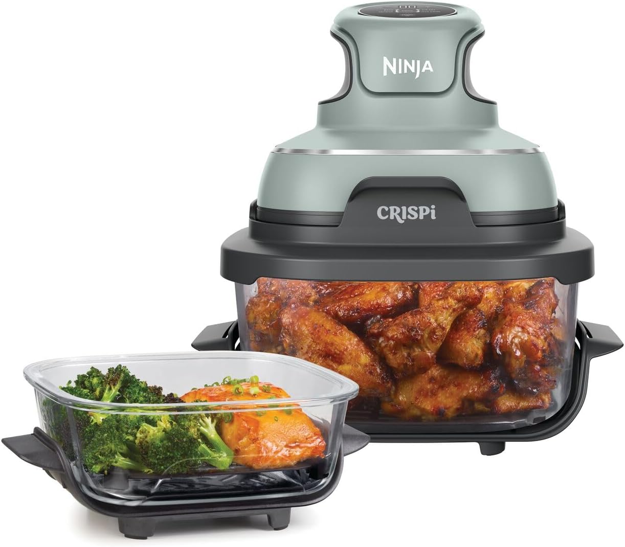 Ninja CRISPi Portable Air Fryer, 3.8L & 1.4L, 4-in-1: Air Fry, Roast, Keep Warm, Recrisp, Space Saving Compact Design, 6 Portions, 2x Removable Glass Containers & Lids, 1700W, Sage FN101UKSG