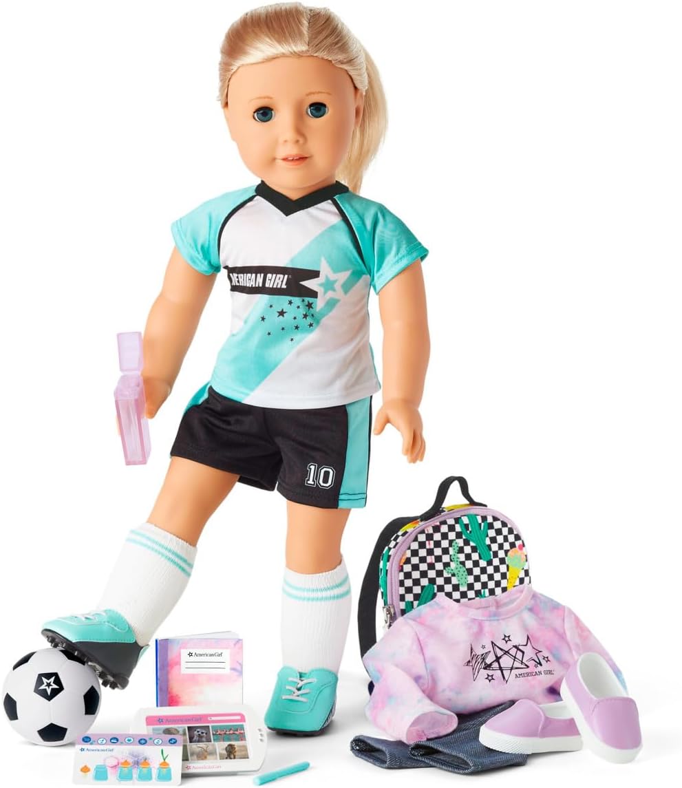 American Girl Truly Me 18-inch Doll 27 & School Day to Soccer Play Playset with Supplies, Uniform, and Ball, For Ages 6+