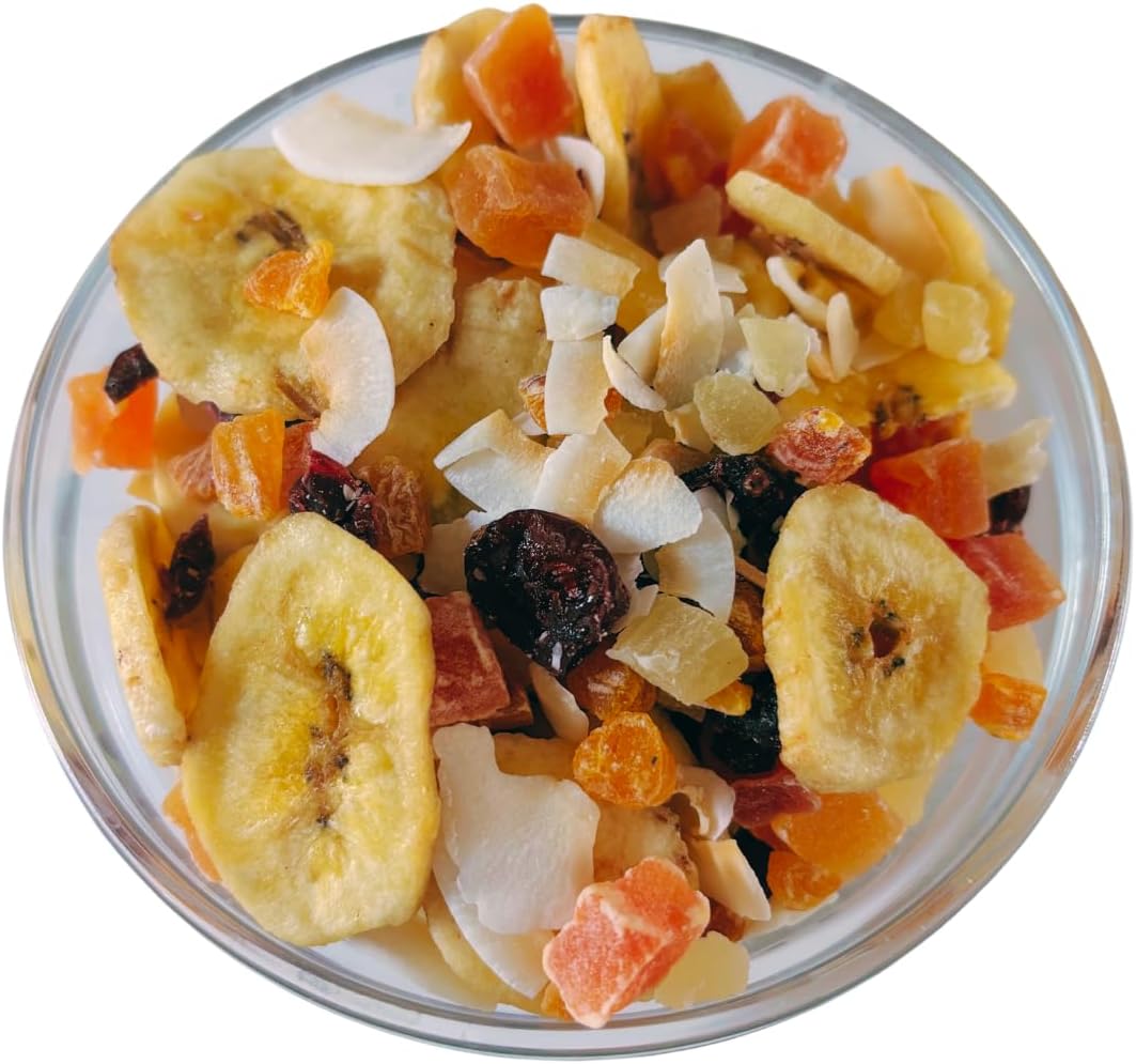 Tropical Dried Fruit Mix 1kg – Includes Dried Apricots, Banana, Pineapple, Papaya, Coconut, Cranberries – Packed Fresh In Resealable Bag - Perfect for Healthy Snacking, Baking, Vegetarian & Vegans