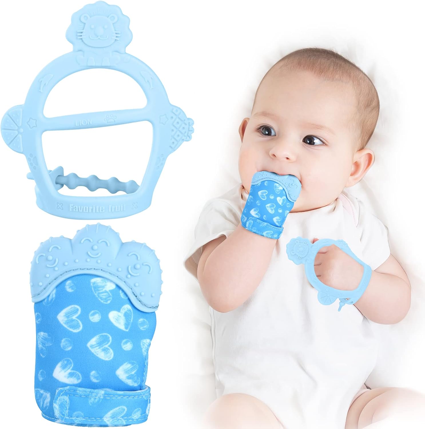 Vicloon Baby Teething Set - Teething Mittens with Silicone Glove and Chew Toy for Pain Relief (Blue)