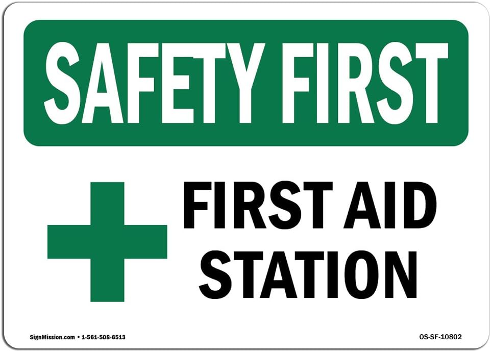 OSHA Safety First Sign - First Aid Station | Rigid Plastic Sign | Protect Your Business, Construction Site, Warehouse & Shop Area | Made in The USA
