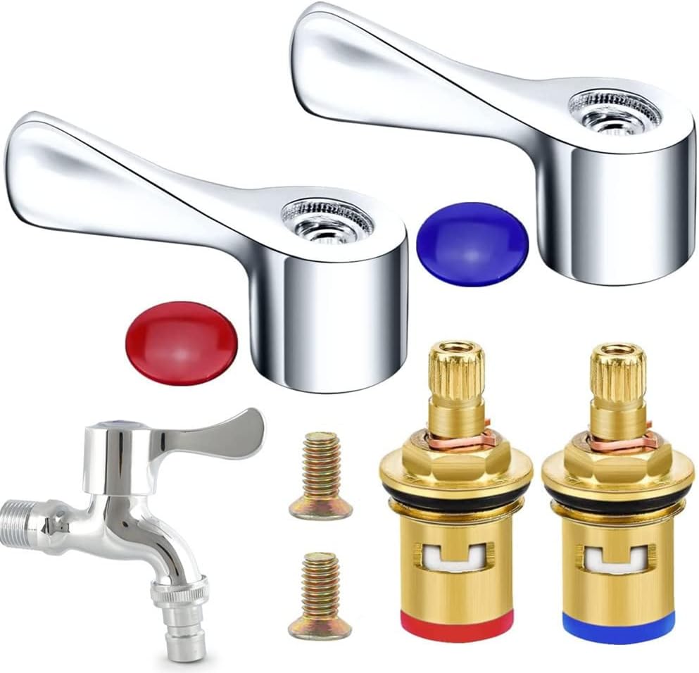 2 Sets Quarter Turn Tap Valves Cartridges with Metal Lever Heads Universal 1/2" Replacement Tap Valves Brass Ceramic Disc Cartridges Insert Set for Kitchen Bathroom Faucet Bid Tap - Chrome Plated
