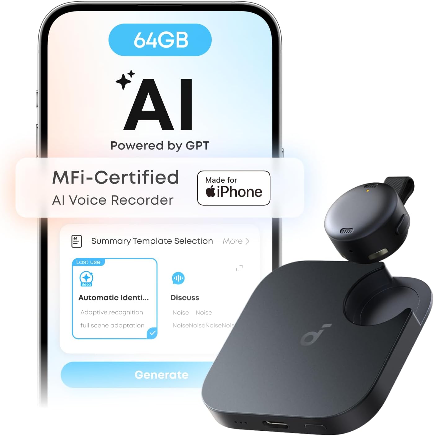 soundcore Work by Anker, Coin-Sized AI Voice Recorder, 64 GB, MFi Certified | 150+ Languages, Wearable, USB-C Charging, 32H Recording, Find My, AI Transcribe and Summarize
