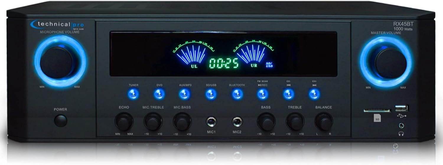 Technical Pro Professional 1000 Watts Receiver with USB SD Card Inputs, 2 Mic Inputs, Recorder, and Wireless Remote