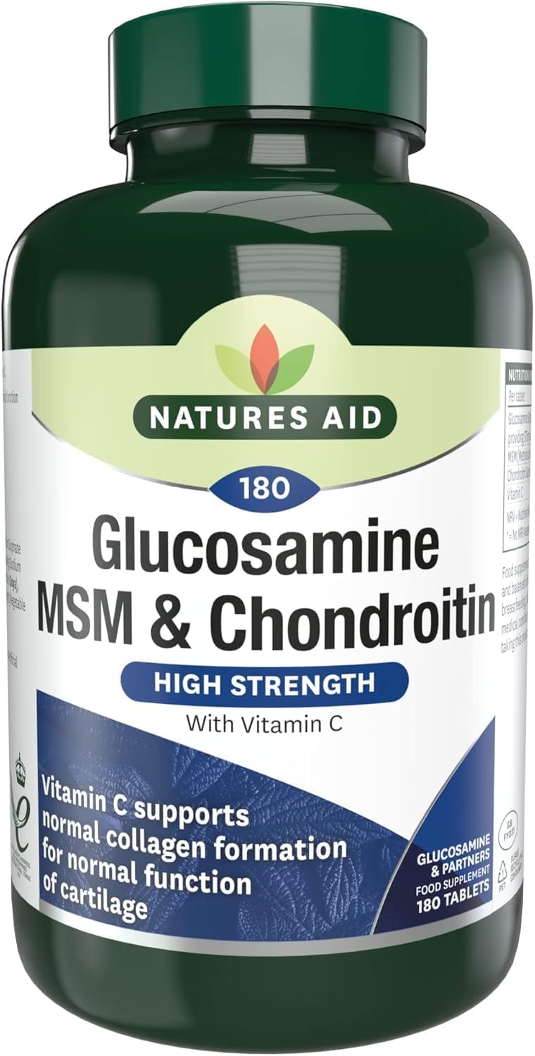 Natures Aid Glucosamine MSM & Chondroitin with Vitamin C - High Strength Joint Support - Mobility & Cartilage Health, Collagen Formation - Non-GMO, Gluten-Free Supplement - 180 Tablets