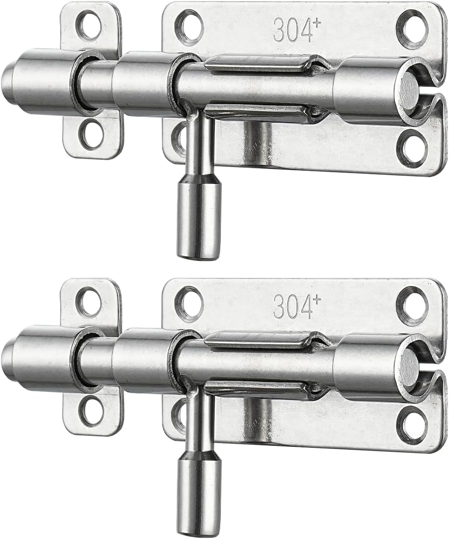 JQK Door Latch Lock Barrel Bolt 4 Inch, 304 Stainless Steel Slide Gate Latches Security Thickened 1.4mm with Padlock Hole, Silver, 2 Pack HBB120-P2