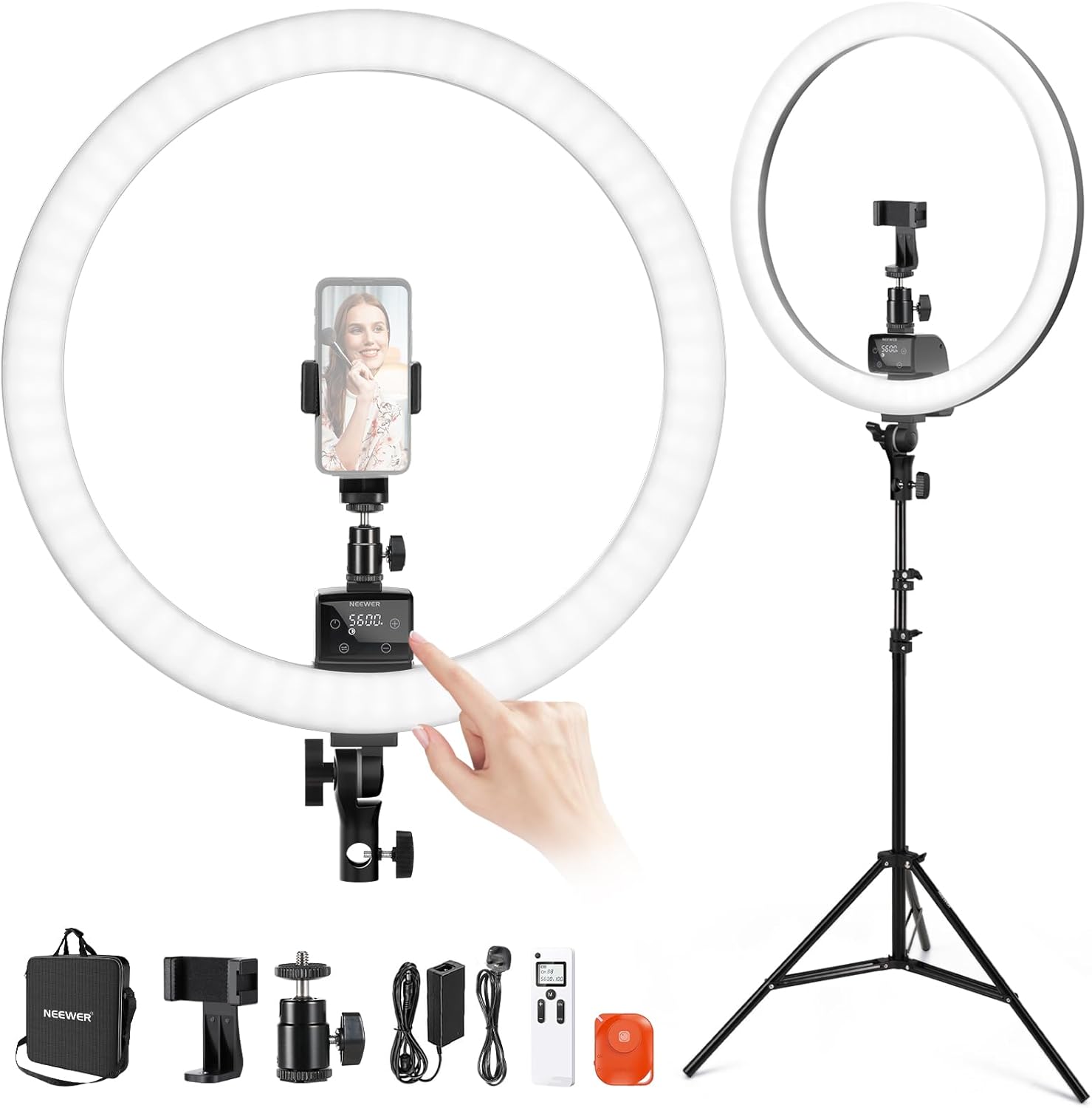 NEEWER Advanced 18 inch LED Ring Light for Phone, LCD Touch Screen, 2.4G Remote Lights Control, 3200-5600K, Tripod Light for iPhone Action Camera, for Studio Makeup TikTok YouTube Video Salon (Black)