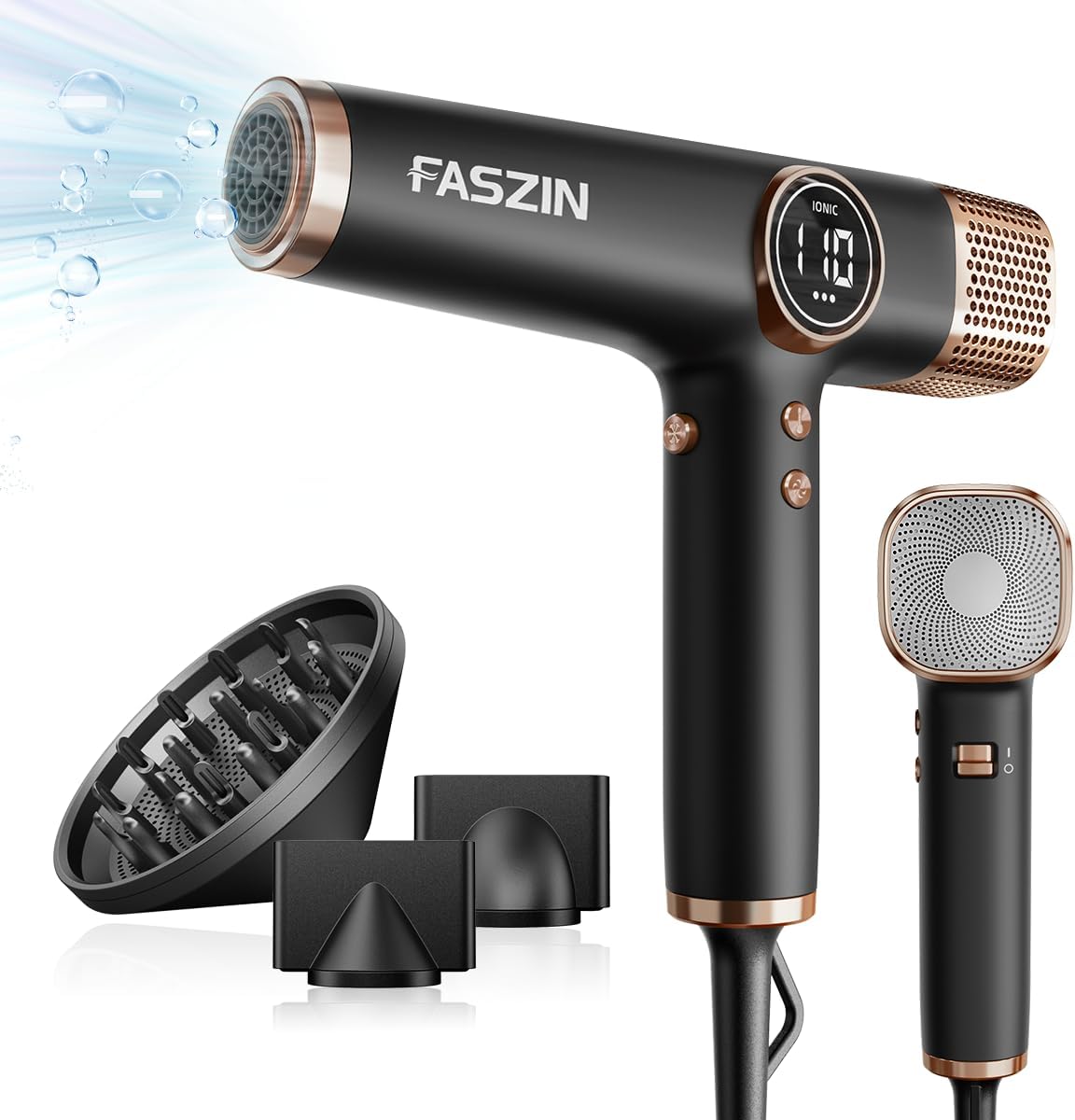 Faszin Hair Dryer, Lightweight Hairdryer with 110,000 RPM High Speed Motor for Fast Drying, 200 Million Ionic Hairdryers for Women & Men, Low Noise Hair Dryers, with 3 Magnetic Nozzle