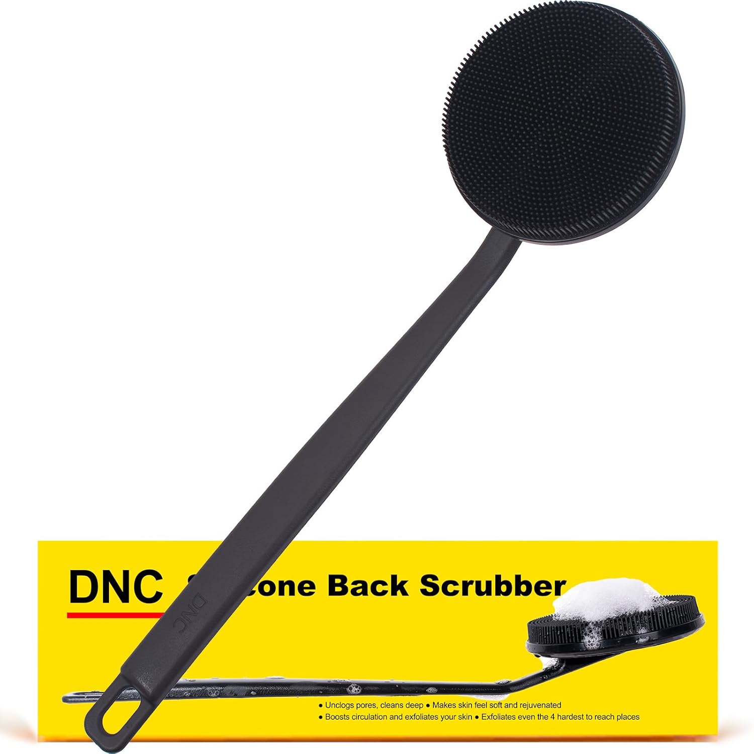 DNC Back Scrubber for Shower, Silicone Shower Brush with Long Handle Soft Bristles, Bath Body Exfoliator Washer for Men Women