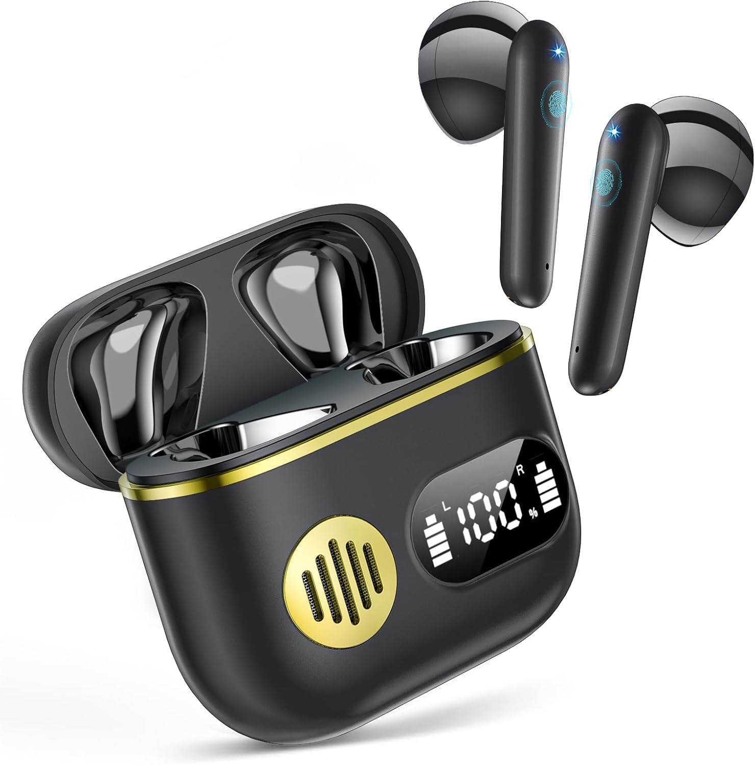 Wireless Earbuds 2025 Sport Bluetooth Headphones Stereo Earphones with ENC Mic Wireless Earphones In Ear Earbuds with Dual LED Display, 48H Playtime, Running Headphones IP7 Waterproof, Ceramic Black