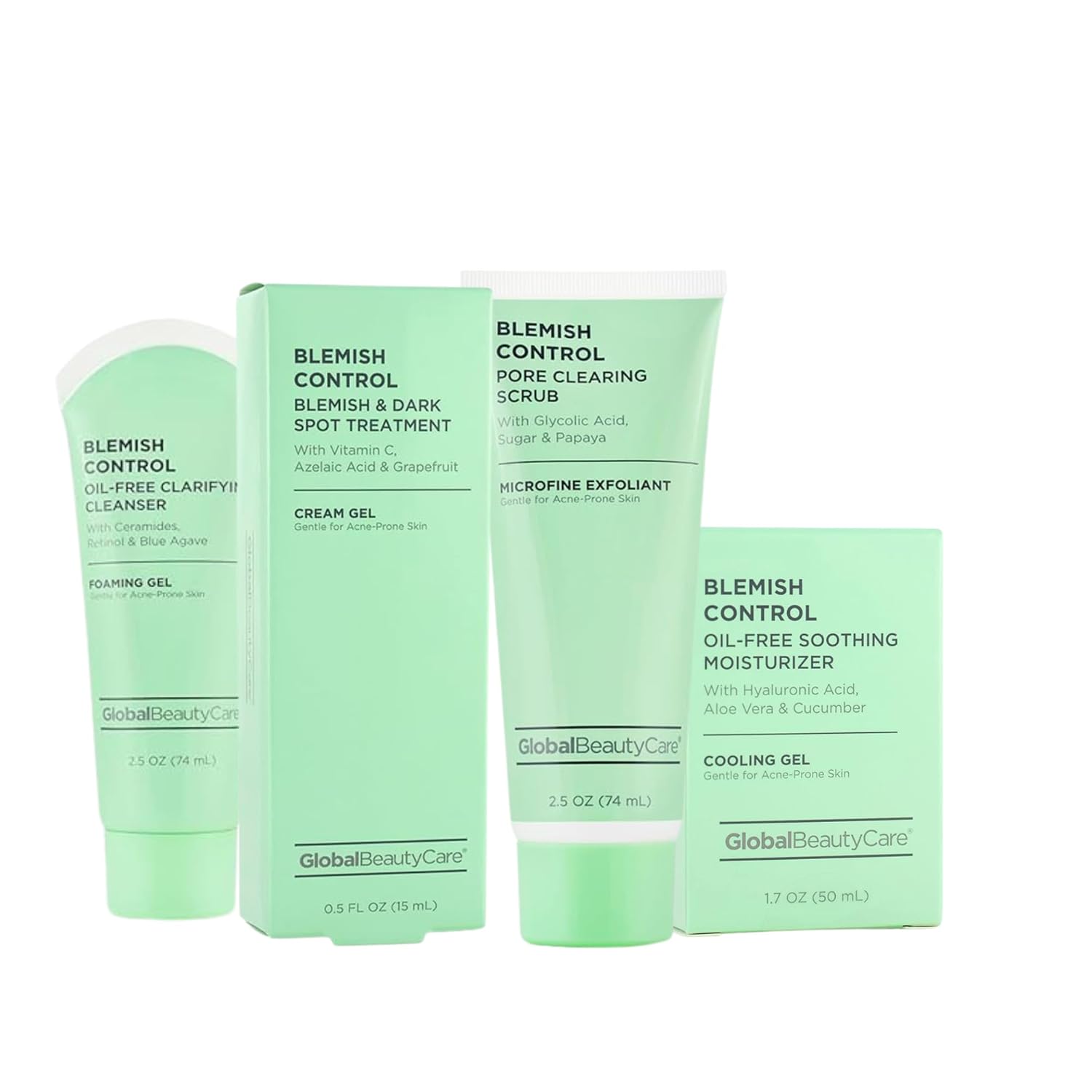 Global Beauty Care Blemish Control Skincare 4-Piece Kit- Facial Cleanser (2.5oz), & Scrub (2.5oz), Spot Treatment (0.5oz) & Facial Moisturizer (1.7oz)– Retinol, Vitamin C, Hyaluronic & Glycolic Acid