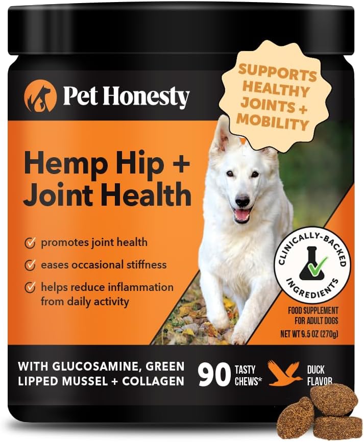 Hemp Hip & Joint Supplement for Dogs - Hemp Oil & Powder - Glucosamine Chondroitin for Dogs, Turmeric, MSM, Green-Lipped Mussel, Supports Mobility, May Reduce Discomfort (Duck)