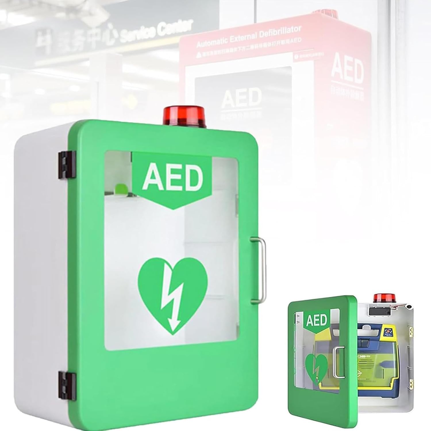 AED Cabinet Metal Steel Plate Storage Cabinet with Snap Lock with Alarm System Compact Fits All Brands of AED Defibrillators for Office,Hospital,Public Places,Green