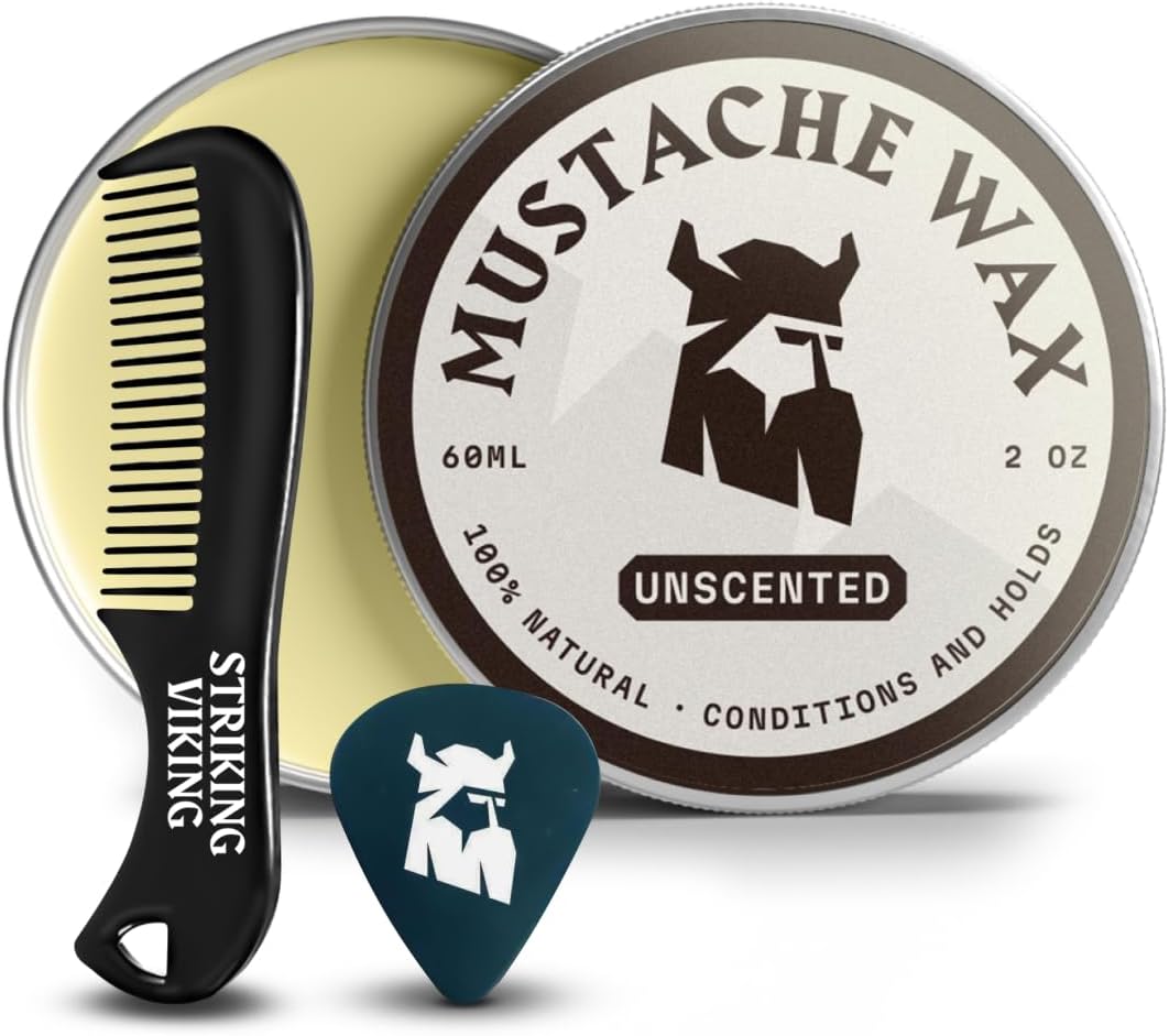 Striking Viking Moustache Wax and Comb Kit - 60g, Unscented - Strong Hold Moustache Wax for Men & Anti-Static Comb for Precise Grooming - Non-Greasy Formula for Easy Beard Care