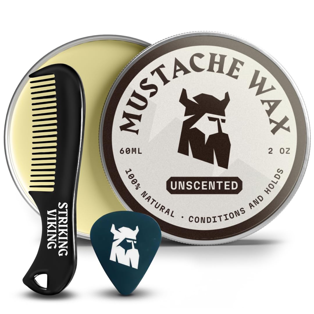 Striking Viking Mustache Wax & Comb Kit - 2 Oz, Medium/Strong Hold, Unscented, 1 Pocket Comb - Mustache Grooming Kit for Men - Moisturize, Tame & Style - Non-Greasy, with Beeswax