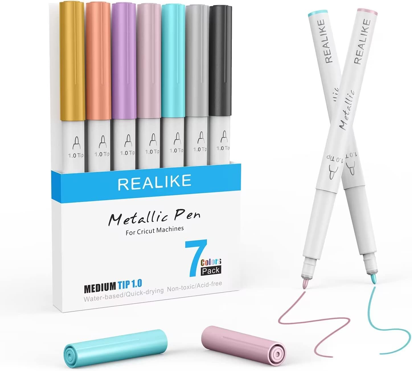 REALIKE Metallic Pens for Cricut Maker 3/Maker/Explore 3/Air 2/Air Metallic Marker 7 pens Medium Point 1.0 for Drawing Coloring Writing Lettering