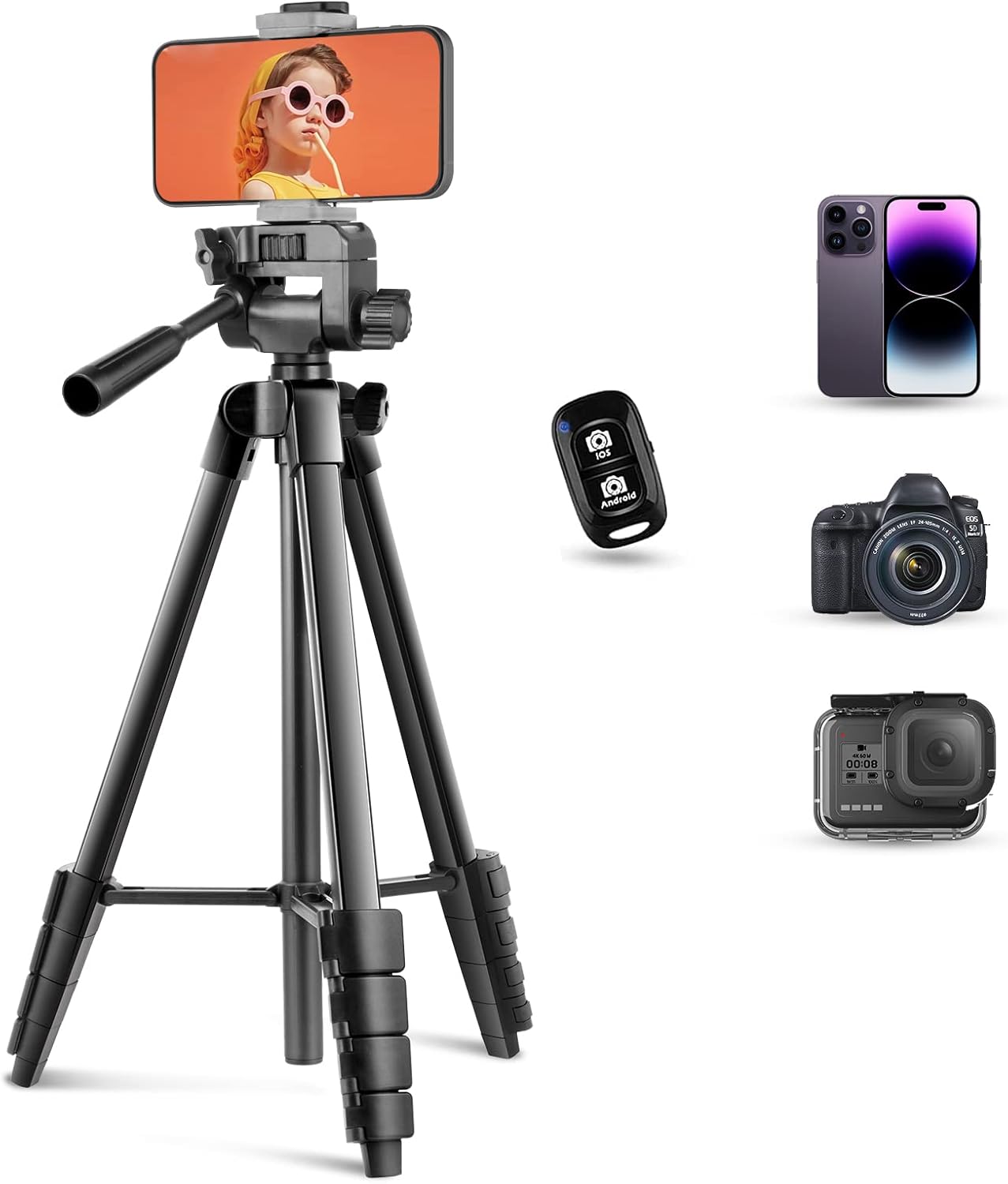 Torjim 64”Phone Tripod, Extendable Cell Phone Tripod with Remote and Holder, Universal Camera Stand for Video/Selfies/Live Streaming, Travel Compatible iOS & Android(Black