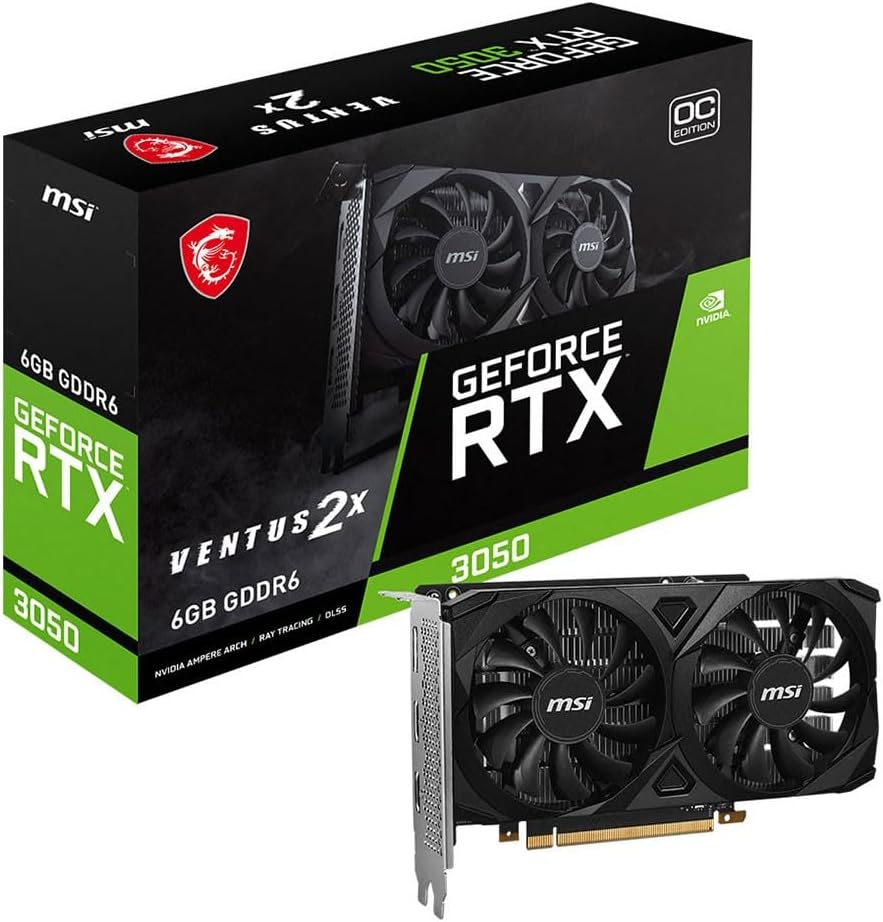 MSI GeForce RTX 3050 VENTUS 2X 6G OC Gaming Graphics Card - 6GB GDDR6, 1492 MHz, PCI Express Gen 4, 96-bit, 1x DP (v1.4a), 2x HDMI 2.1 (Supports 4K)