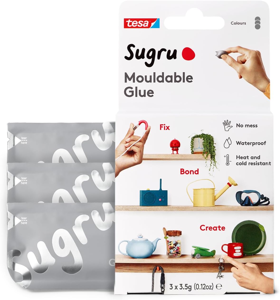 Sugru by tesa - Moldable Multi-Purpose Glue for Creative Fixing and Making, Gray, 3 Piece