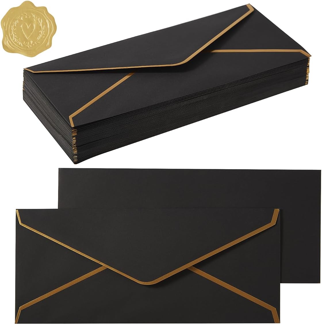 50 Pack #10 Business Envelopes with Gold Border, Self Seal Standard Envelopes with Gold Stickers for Office, Checks, Letter Mailing, Invoices, 4 1/8 x 9 1/2 Inches (Black)
