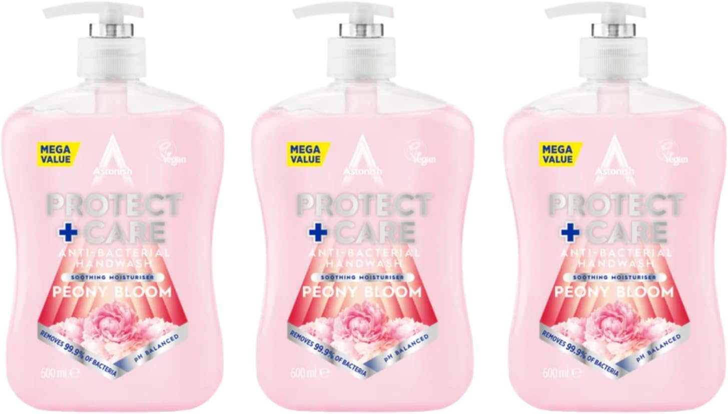 Astonish Protect and Care Kind to Skin Moisturising Anti-Bacterial Hand Wash Soap, Peony Bloom, 3 x 600ml