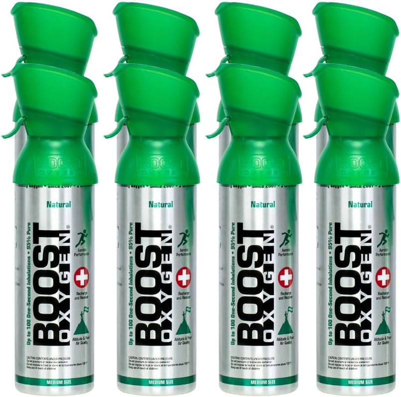 Boost Oxygen Canned Oxygen for Breathing for Home Use, Exercise, or Altitude Sickness, Includes Sealed Cap & Mask, 5-Liter Canister, Natural, 8 Pack