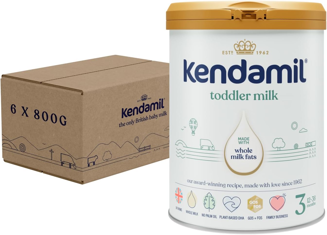 (6x800g) Kendamil Toddler Milk, Stage 3, 6-Pack – British Made, Whole Milk Formula, 12-36 Months – Vegetarian, No Palm Oil, No GMOs –with Omega 3 DHA, Omega 6 ARA and Prebiotics
