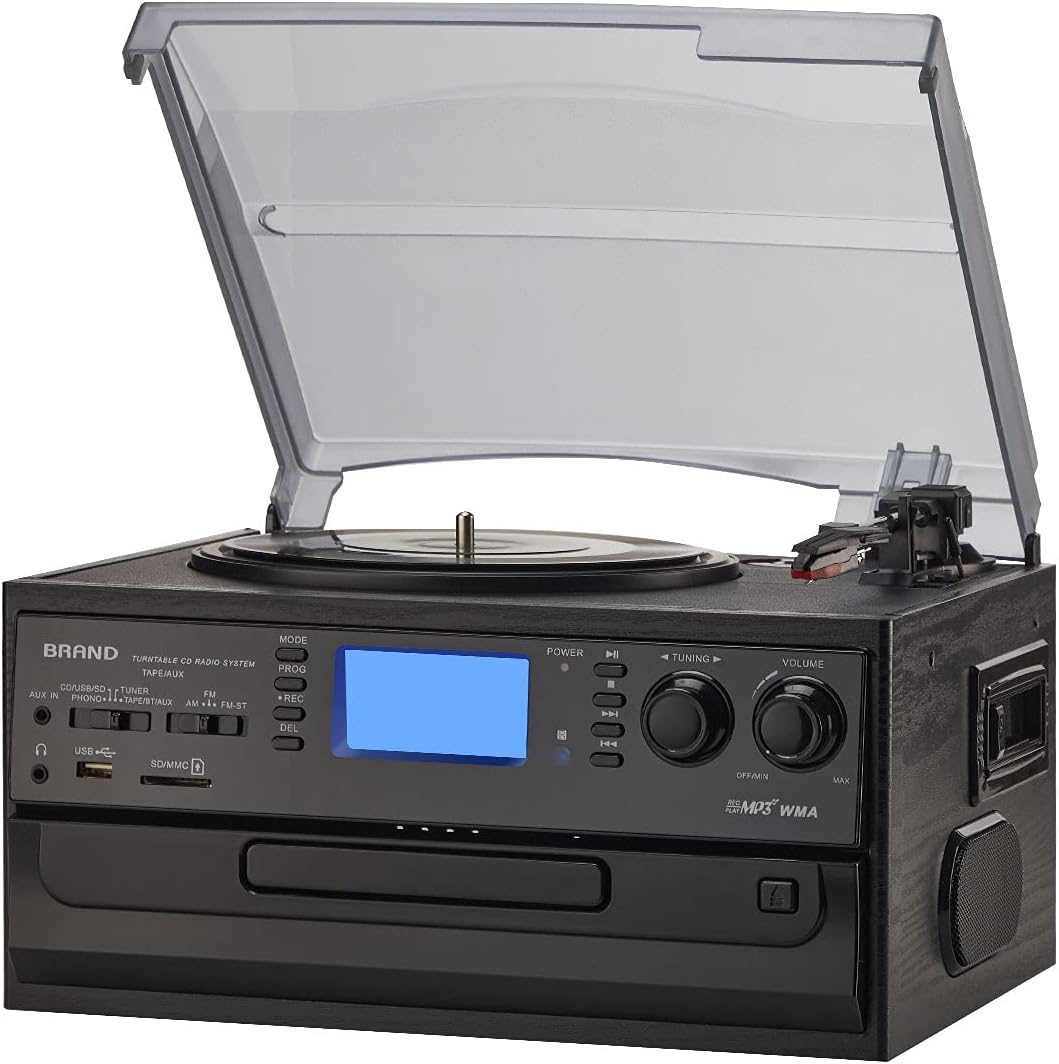 ORCC 10-in-1 Bluetooth Turntable Record Player with Built-in Speaker, Vinyl Turntable CD Cassette and FM/AM Radio Combo, AUX in RCA Out USB MP3 Recording Headphone Jack Compact