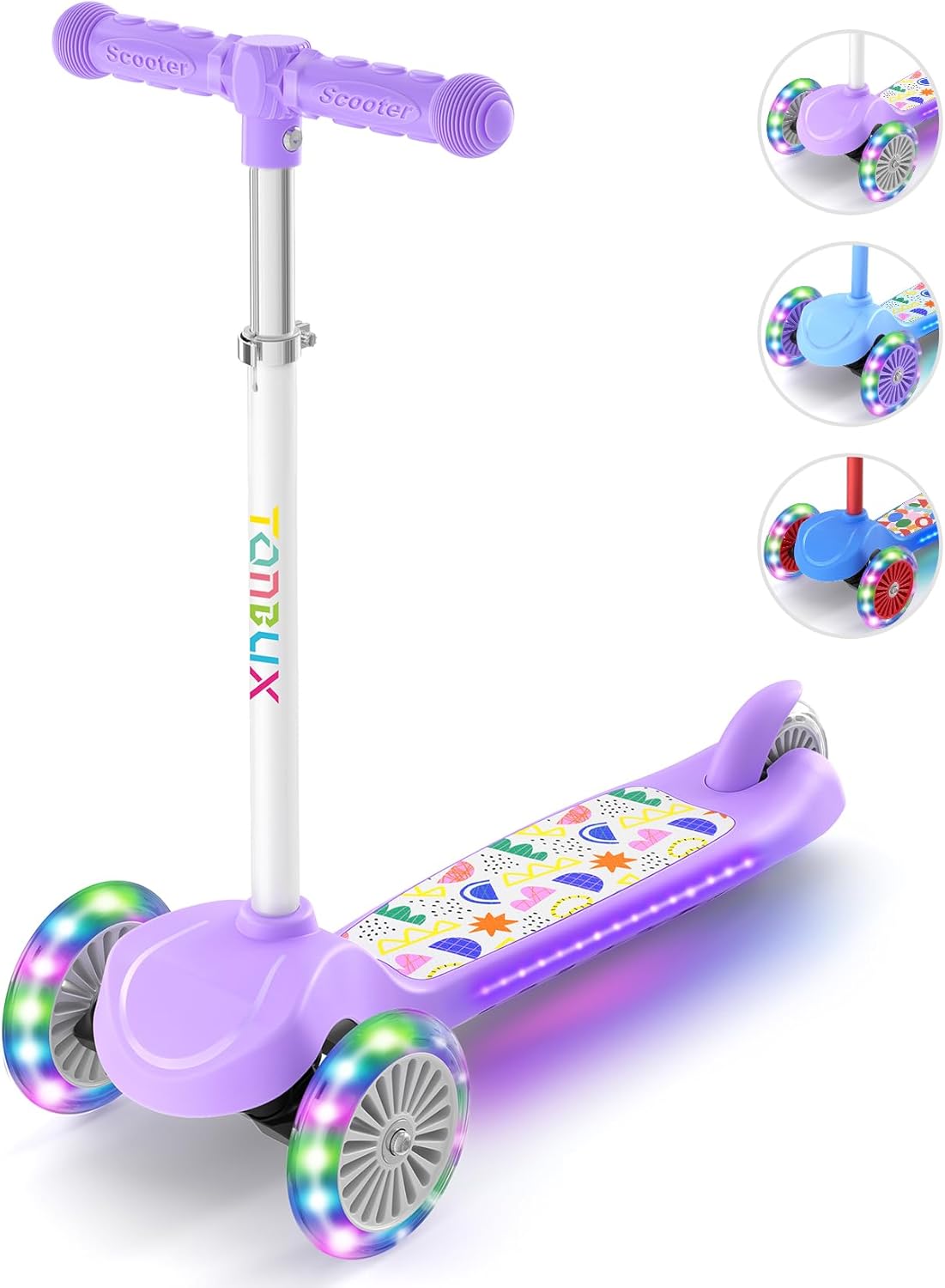 TONBUX Kids Scooter 3 Wheel Scooter for Ages 2-6 with Light-Up Wheels, Adjustable Handlebar, Tilt to Turn Steering, Up to 50KG