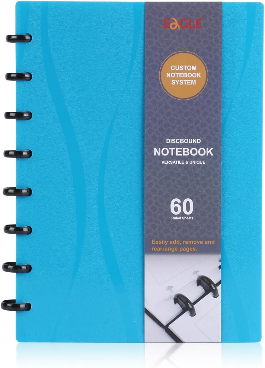 Eagle Discbound Notebook, Customizable Notebook, Junior Size, Poly Cover, 60 Sheets Ruled/Lined Pages (Blue)